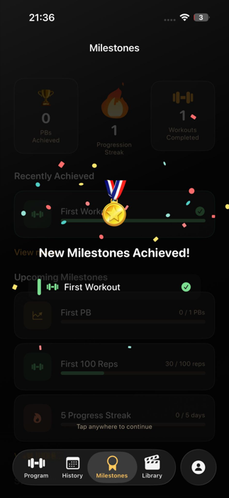 Habit and streak tracking screen with milestones